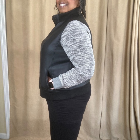Torrid Black Faux Leather & Marled Grey Terry Bomber Jacket, 1X (14/16) - Picture 7 of 16